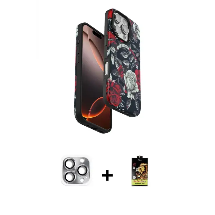 ieg™ iPhone 16 Pro Max Kılıf Siluet Doku - Siyah Buffer Cam Ekran Koruyucu + Pers Alüminyum Kamera Lens - GI