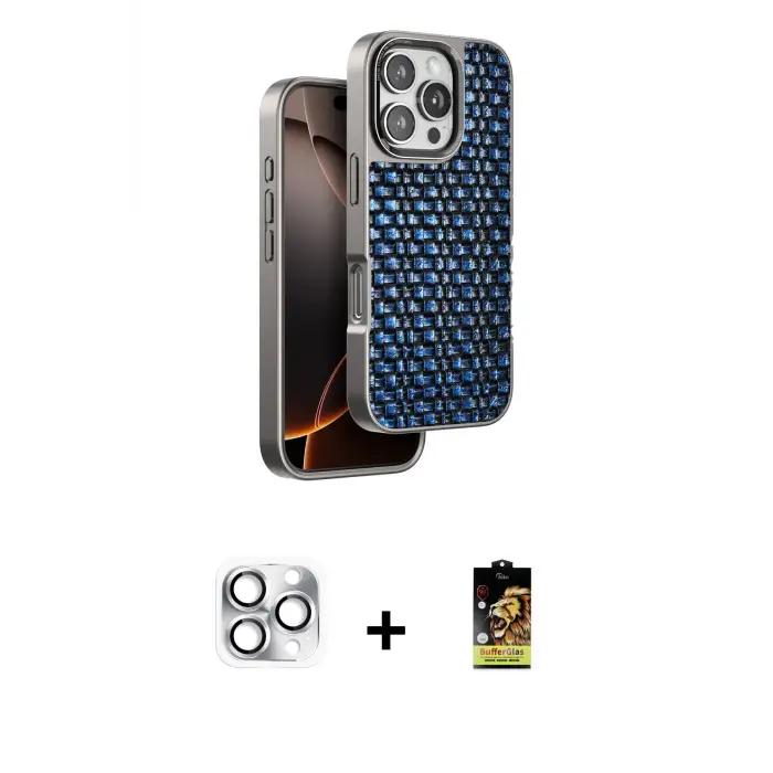 ieg™ iPhone 16 Pro Max Kılıf Siluet Form Serisi - Siyah Buffer Cam Ekran Koruyucu + Pers Alüminyum Kamera Lens - GS
