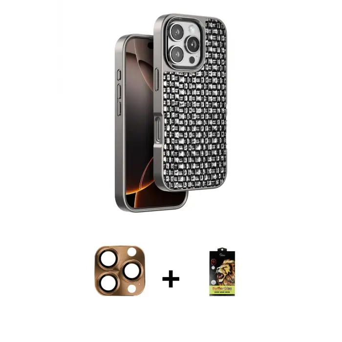 ieg™ iPhone 16 Pro Max Kılıf Siluet Form Serisi - Siyah Buffer Cam Ekran Koruyucu + Pers Alüminyum Kamera Lens - CLTM