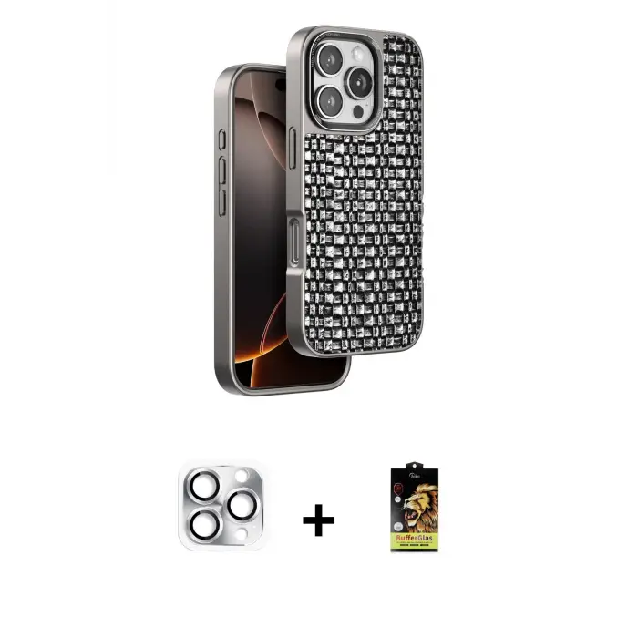 ieg™ iPhone 16 Pro Max Kılıf Siluet Form Serisi - Siyah Buffer Cam Ekran Koruyucu + Pers Alüminyum Kamera Lens - GS