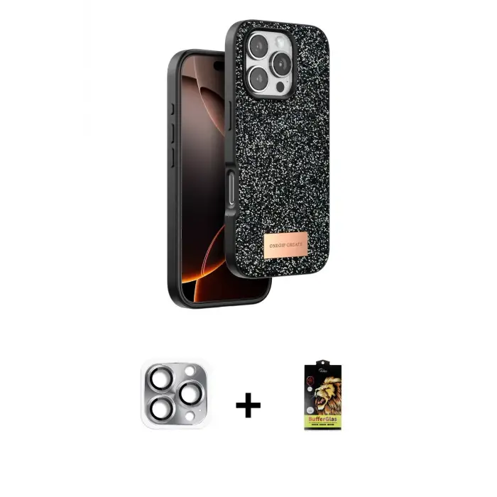 ieg™ iPhone 16 Pro Max Kılıf Vadi Klasik Serisi - Siyah Buffer Cam Ekran Koruyucu + Pers Alüminyum Kamera Lens - GI