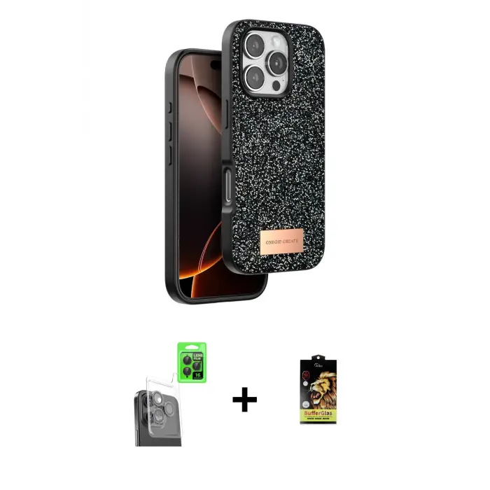 ieg™ iPhone 16 Pro Max Kılıf Vadi Klasik Serisi - Siyah Buffer Cam Ekran Koruyucu + Raze Metal Kamera Lens - SH