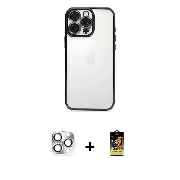 ieg™ iPhone 16 Pro Max Kılıf Vadi Minimal - Siyah Buffer Cam Ekran Koruyucu + Pers Alüminyum Kamera Lens - GS