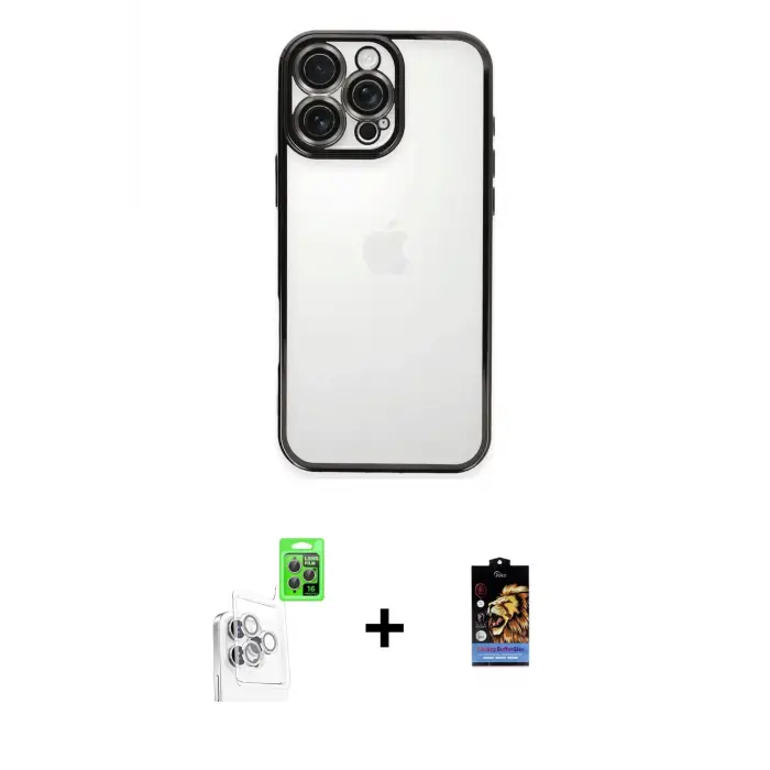 ieg™ iPhone 16 Pro Max Kılıf Vadi Minimal - Siyah Buffer Hayalet Cam Ekran Koruyucu + Raze Metal Kamera Lens - BZ