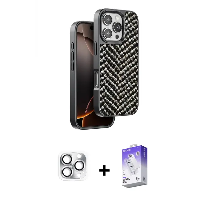 ieg™ iPhone 16 Pro Max Kılıf Vadi Özel Seri - Siyah Bilvis 5in1 3D Magic Cam Ekran Koruyucu + Pers Alüminyum Kamera Lens - GS