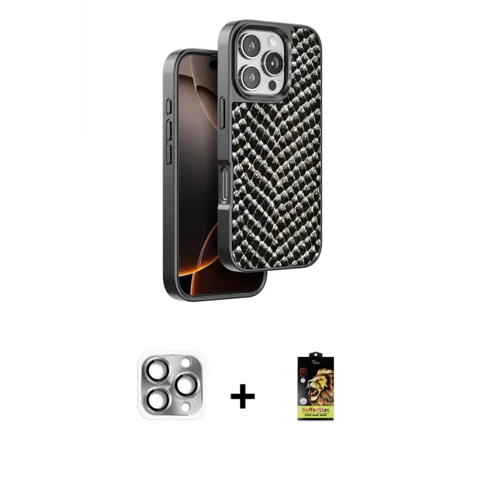 ieg™ iPhone 16 Pro Max Kılıf Vadi Özel Seri - Siyah Buffer Cam Ekran Koruyucu + Pers Alüminyum Kamera Lens - GI