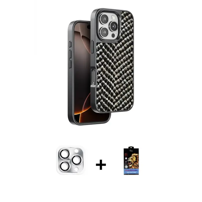 ieg™ iPhone 16 Pro Max Kılıf Vadi Özel Seri - Siyah Buffer Hayalet Cam Ekran Koruyucu + Pers Alüminyum Kamera Lens - GS