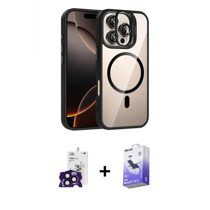 ieg™ iPhone 16 Pro Max Kılıf Yadigar Asil Koleksiyonu - Siyah Bilvis 5in1 5D Magic Hayalet Cam Ekran Koruyucu + Bilvis Titan Kamera Lens - SH