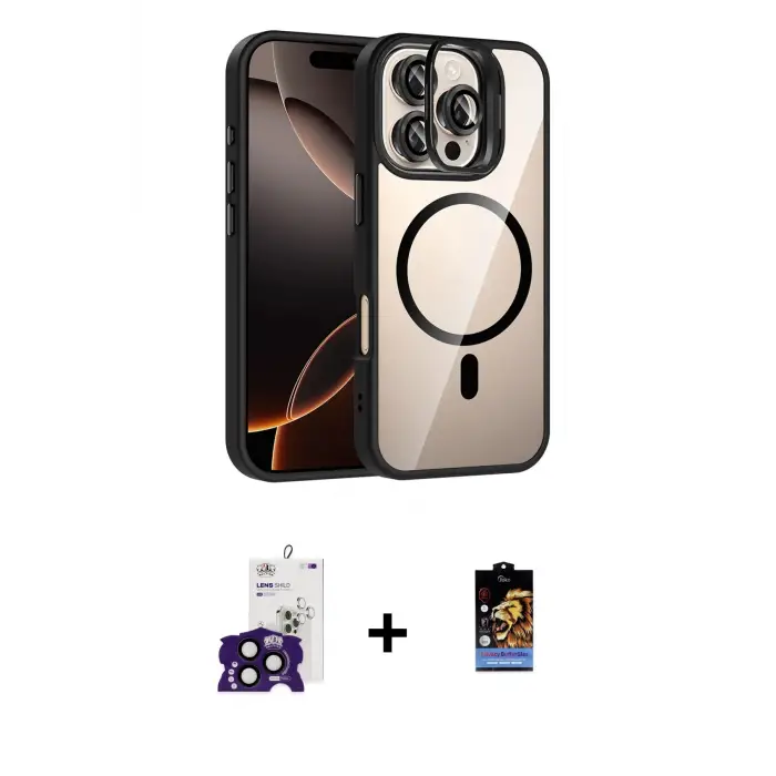 ieg™ iPhone 16 Pro Max Kılıf Yadigar Asil Koleksiyonu - Siyah Buffer Hayalet Cam Ekran Koruyucu + Bilvis Titan Kamera Lens - SH