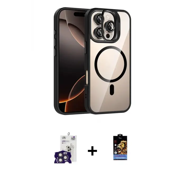 ieg™ iPhone 16 Pro Max Kılıf Yadigar Asil Koleksiyonu - Siyah Buffer Hayalet Cam Ekran Koruyucu + Bilvis Titan Kamera Lens - TMGI