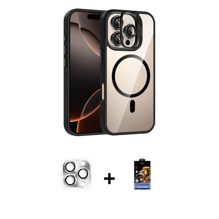 ieg™ iPhone 16 Pro Max Kılıf Yadigar Asil Koleksiyonu - Siyah Buffer Hayalet Cam Ekran Koruyucu + Pers Alüminyum Kamera Lens - GS