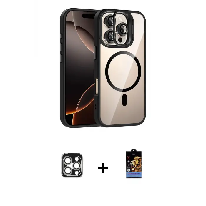 ieg™ iPhone 16 Pro Max Kılıf Yadigar Asil Koleksiyonu - Siyah Buffer Hayalet Cam Ekran Koruyucu + PVD Metal Kamera Lens - GS