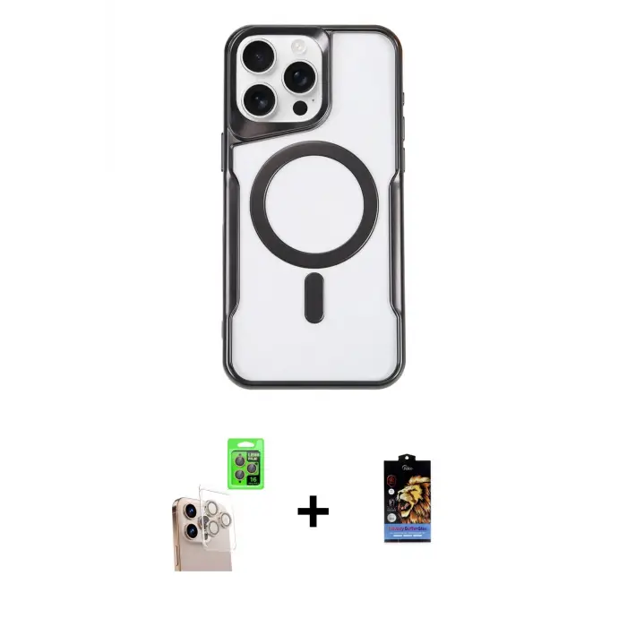 ieg™ iPhone 16 Pro Max Kılıf Yadigar Klasik Özel Seri - Siyah Buffer Hayalet Cam Ekran Koruyucu + Raze Metal Kamera Lens - NLGY