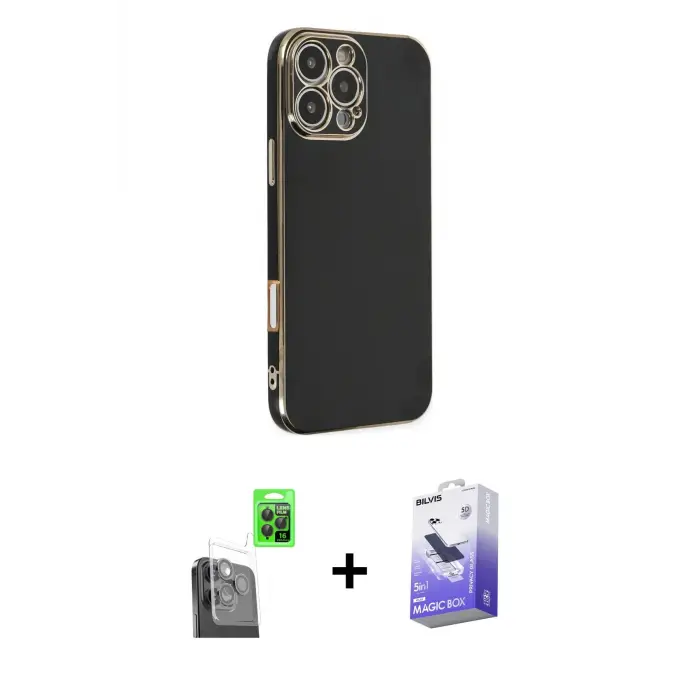 ieg™ iPhone 16 Pro Max Kılıf Yankı Serisi - Siyah Bilvis 5in1 5D Magic Hayalet Cam Ekran Koruyucu + Raze Metal Kamera Lens - SH