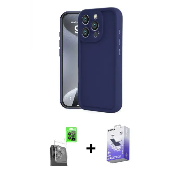 ieg™ iPhone 16 Pro Max Kılıf Yankı Yansıma Özel Seri - Siyah Bilvis 5in1 5D Magic Hayalet Cam Ekran Koruyucu + Raze Metal Kamera Lens - SH