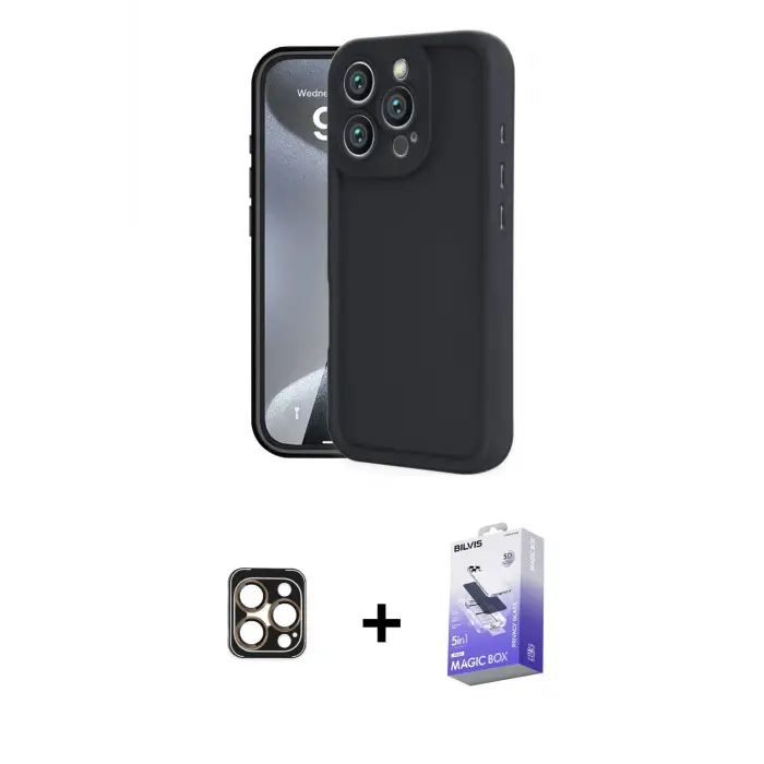 ieg™ iPhone 16 Pro Max Kılıf Yankı Yansıma Özel Seri - Siyah Bilvis 5in1 5D Magic Hayalet Cam Ekran Koruyucu + PVD Metal Kamera Lens - GD