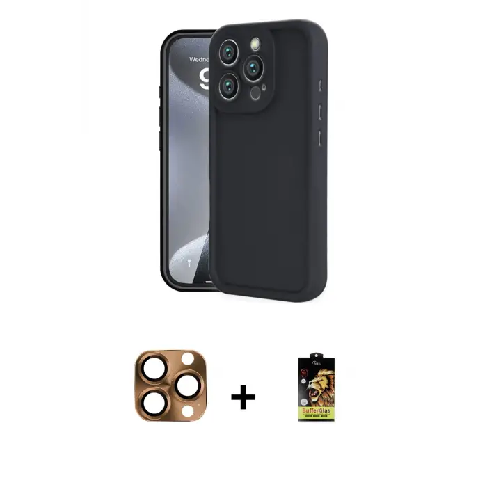 ieg™ iPhone 16 Pro Max Kılıf Yankı Yansıma Özel Seri - Siyah Buffer Cam Ekran Koruyucu + Pers Alüminyum Kamera Lens - CLTM