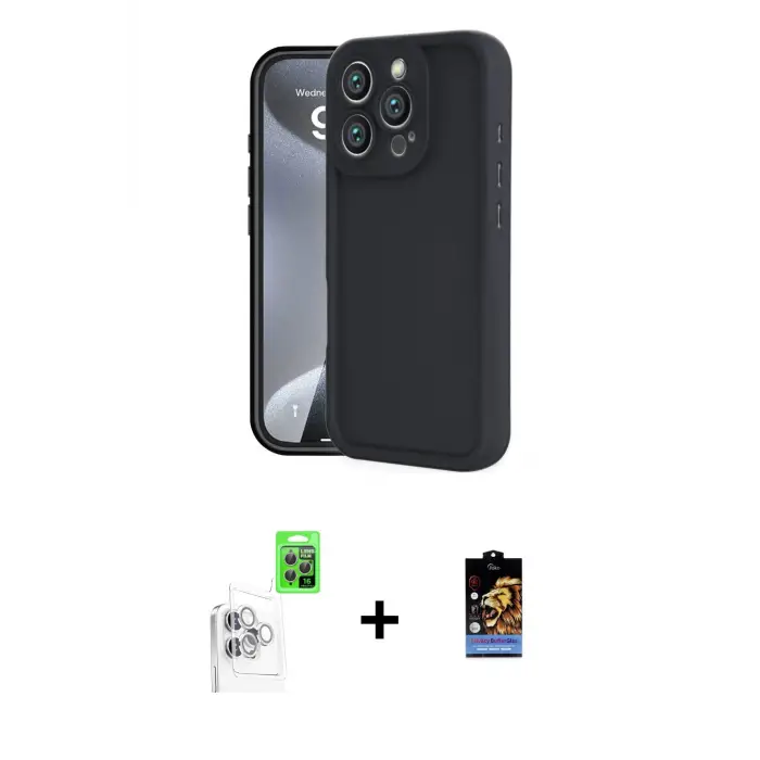 ieg™ iPhone 16 Pro Max Kılıf Yankı Yansıma Özel Seri - Siyah Buffer Hayalet Cam Ekran Koruyucu + Raze Metal Kamera Lens - BZ