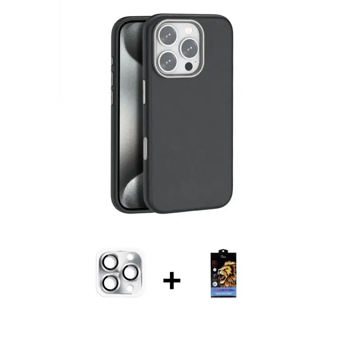 ieg™ iPhone 16 Pro Max Kılıf Zirve Modern Prime - Siyah Buffer Hayalet Cam Ekran Koruyucu + Pers Alüminyum Kamera Lens - GS