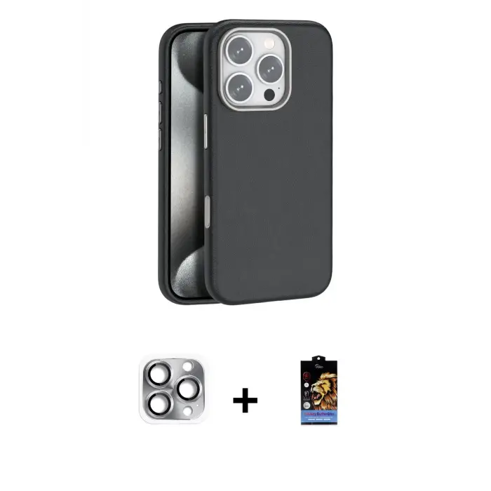 ieg™ iPhone 16 Pro Max Kılıf Zirve Modern Prime - Siyah Buffer Hayalet Cam Ekran Koruyucu + Pers Alüminyum Kamera Lens - GI