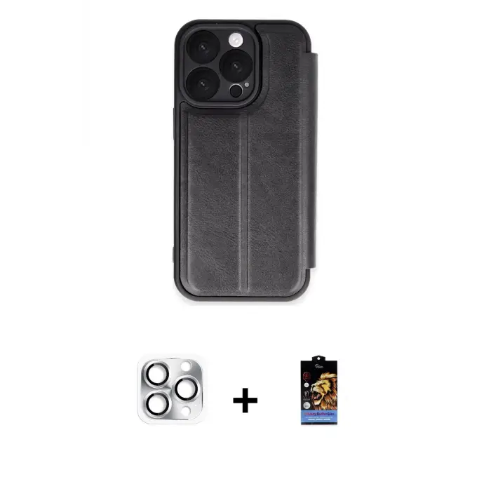 ieg™ iPhone 16 Pro Max Kılıf Zirve Yansıma Serisi - Siyah Buffer Hayalet Cam Ekran Koruyucu + Pers Alüminyum Kamera Lens - GS