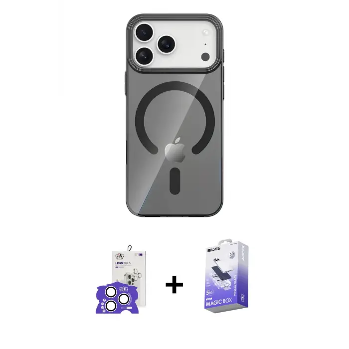ieg™ iPhone 17 Pro Max Kılıf Pusula Form Özel Seri - Siyah Bilvis 5in1 5D Magic Hayalet Cam Ekran Koruyucu + Bilvis Titan Kamera Lens - GS