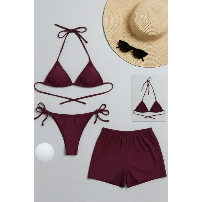 ieg™ Kadın 3lü Set Bordo Şortlu ve Yandan Bağlamalı Bikini Mayo Takımı