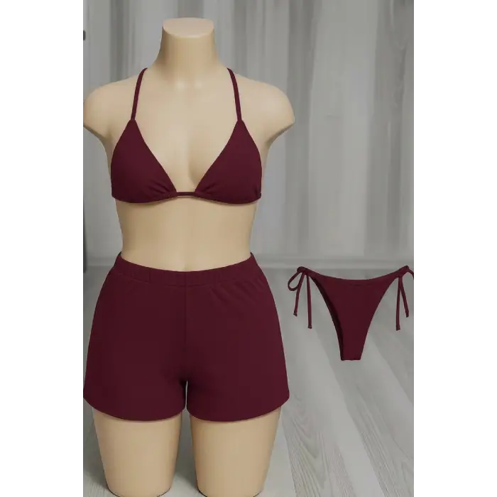 ieg™ Kadın 3lü Set Bordo Şortlu ve Yandan Bağlamalı Bikini Mayo Takımı