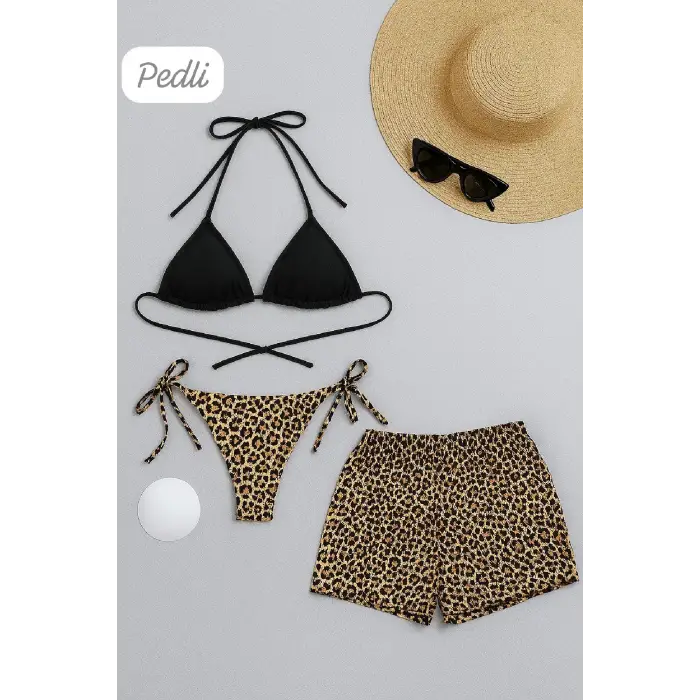 ieg™ Kadın 3lü Set Siyah ve Leopar Desenli Şortlu Yandan Bağlamalı Bikini Mayo Takımı