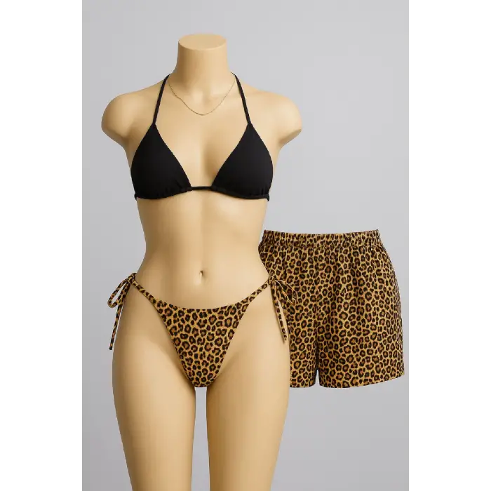 ieg™ Kadın 3lü Set Siyah ve Leopar Desenli Şortlu Yandan Bağlamalı Bikini Mayo Takımı