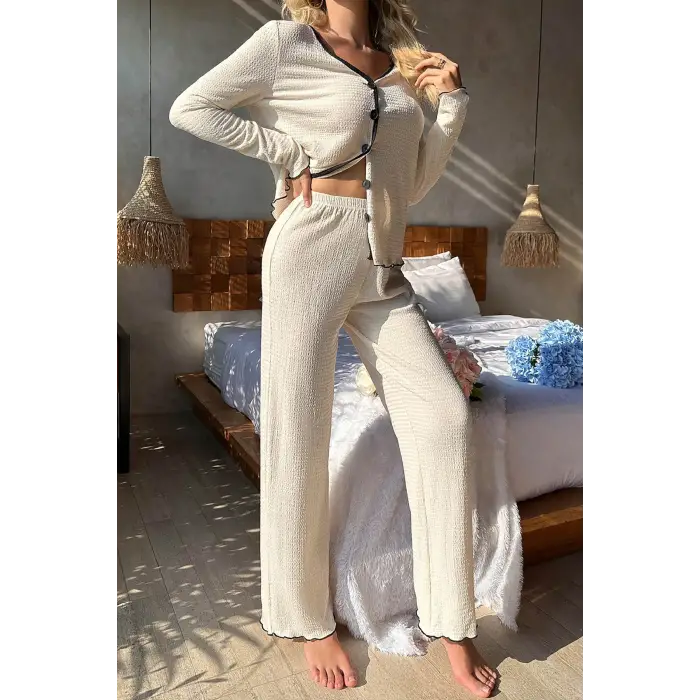 ieg™ Kadın Beyaz Örme Kumaş V Yaka Düğmeli Rahat Şık Pijama Takımı