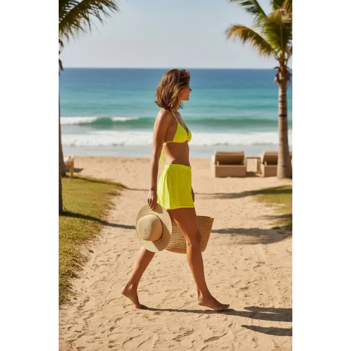 ieg™ Kadın Fosforlu Şortlu Belden ve Boyundan Bağlamalı Bikini Takımı