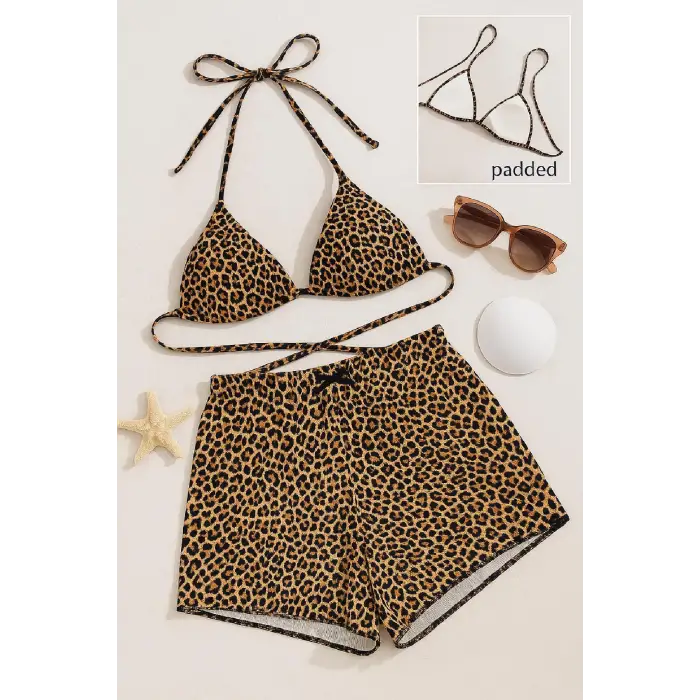 ieg™ Kadın Leopar Desenli Şortlu Belden ve Boyundan Bağlamalı Bikini Takımı