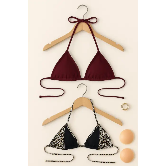 ieg™ Kadın Leopar Desenli ve Bordo Minimal Kesim Üçgen Bikini Üstü