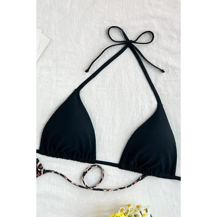 ieg™ Kadın Leopar Desenli ve Siyah Minimal Kesim Üçgen Bikini Üstü