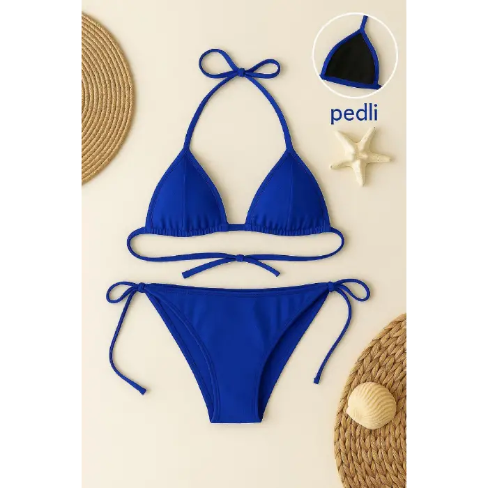 ieg™ Kadın Mavi Yandan ve Boyundan Bağlamalı Bikini Mayo Takımı