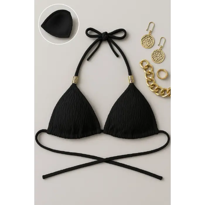 ieg™ Kadın Siyah Pedli Üçgen Bikini Üstü Halter Bağlamalı Aksesuarlı