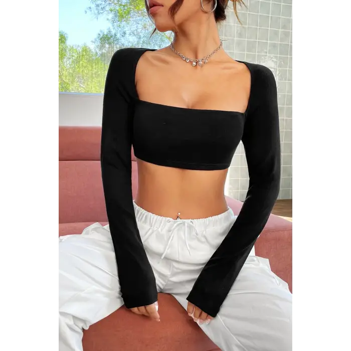 ieg™ Kadın Siyah Uzun Kol Göğüs ve Sırt Dekolteli Crop Top Bluz