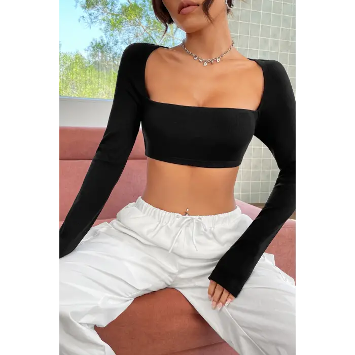 ieg™ Kadın Siyah Uzun Kol Göğüs ve Sırt Dekolteli Crop Top Bluz