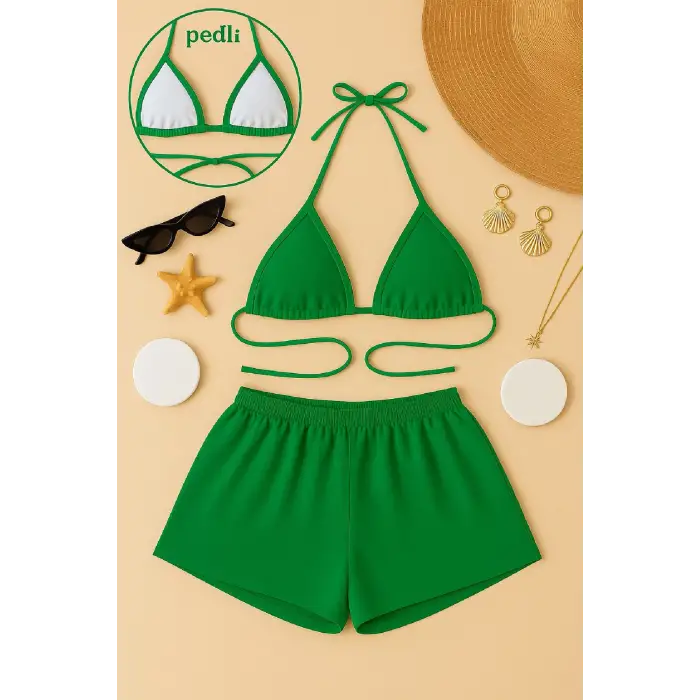 ieg™ Kadın Yeşil Şortlu Belden ve Boyundan Bağlamalı Bikini Takımı