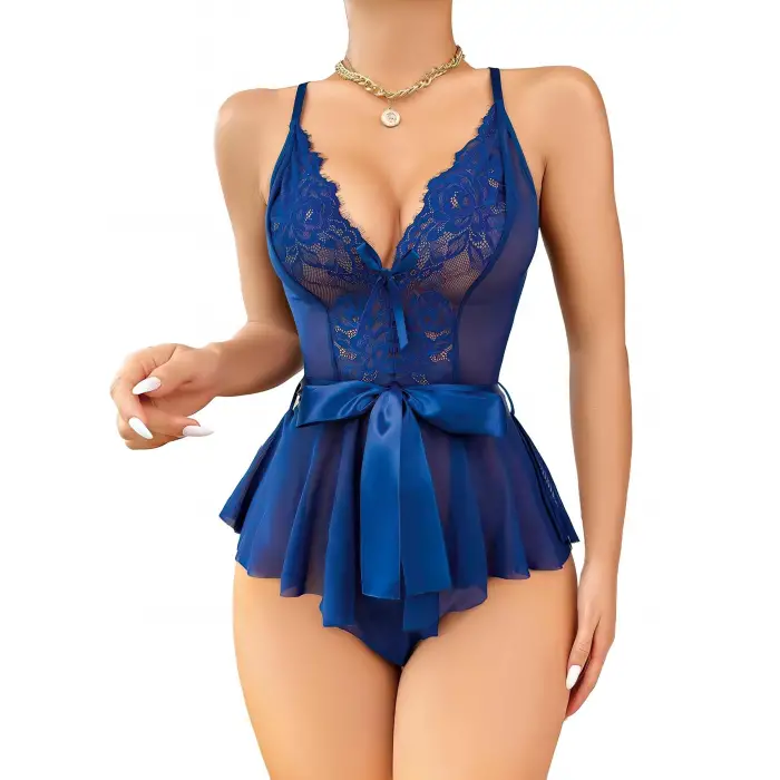 ieg™ Mavi Dantel İşlemeli Kurdelalı Fantezi Tül Babydoll