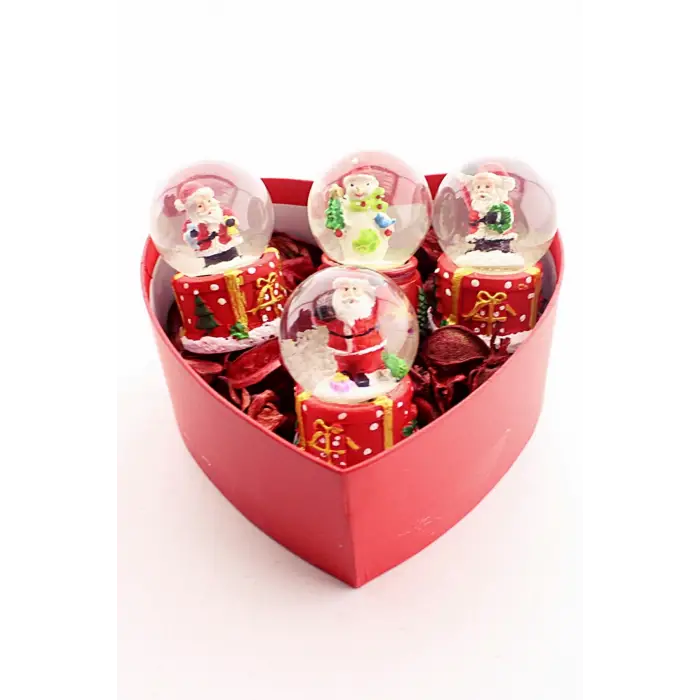 Özel Kalp Kutu İçinde 4 Adet Mini Noel Baba Kar Küresi 6,5 cm ve 50 gr Kuru Gül