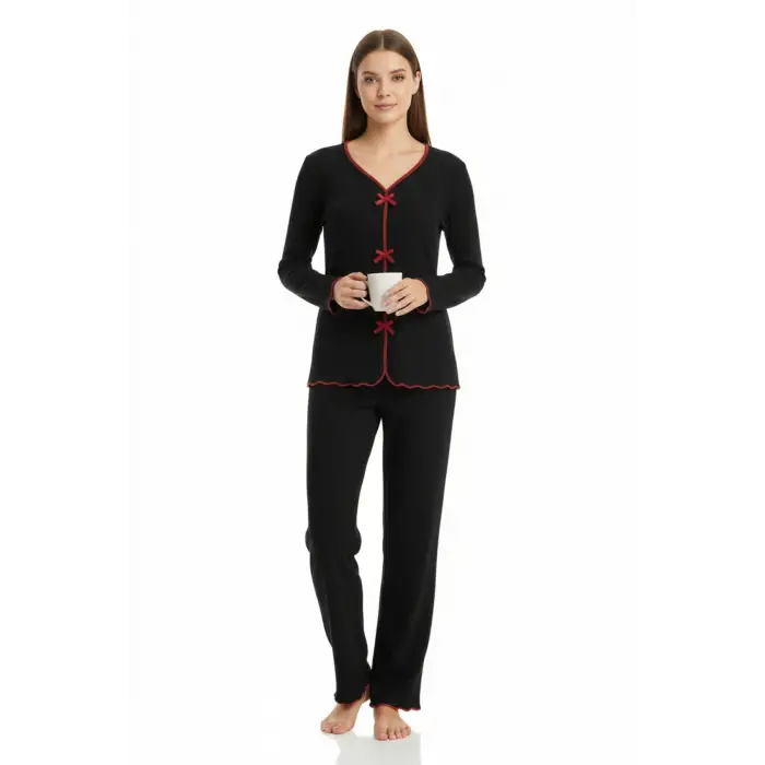ieg™ Premium Kadın 4’lü Fitilli Set – Siyah Kırmızı Biyeli (Pijama Üst, Pantolon, Bikini Takımı)