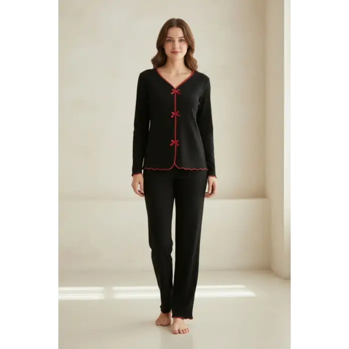 ieg™ Premium Kadın 4’lü Fitilli Set – Siyah Kırmızı Biyeli (Pijama Üst, Pantolon, Bikini Takımı)