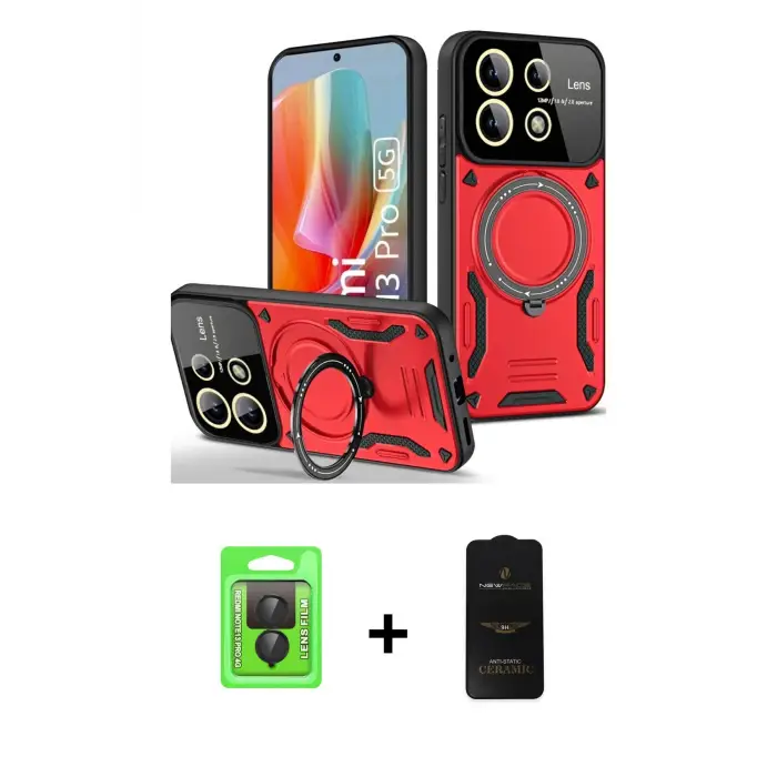 ieg™ Redmi Note 13 Pro 4G Kılıf Kıvılcım Modern Serisi - Siyah 6D Antistatik Mat Seramik Hayalet Nano Ekran Koruyucu + Raze Metal Kamera Lens - SH
