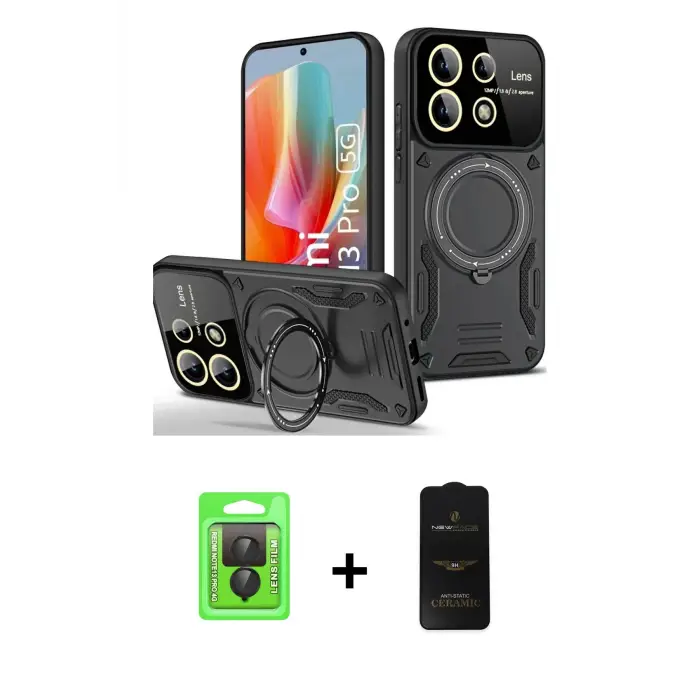 ieg™ Redmi Note 13 Pro 4G Kılıf Kıvılcım Modern Serisi - Siyah 6D Antistatik Mat Seramik Hayalet Nano Ekran Koruyucu + Raze Metal Kamera Lens - SH
