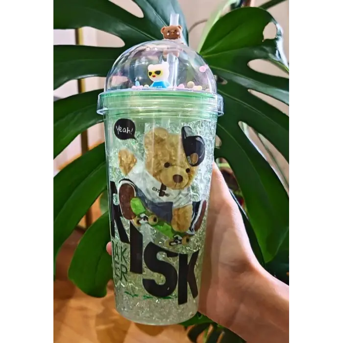 Sevimli Ayıcık Temalı Çift Katman 450 ml Suluk Pipetli Mika Yeşil 2726