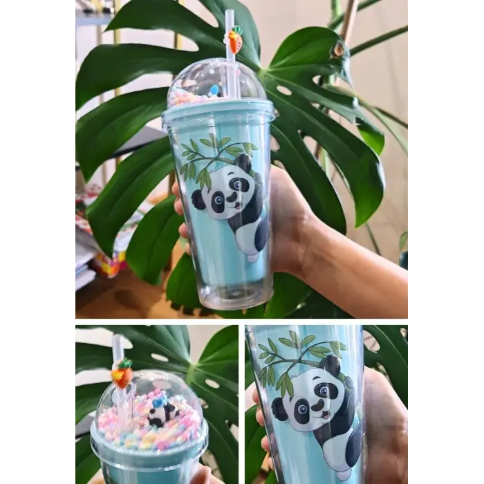 Sevimli Panda Temalı Çift Katman 450ml Suluk Pipetli Mika Matara Mavi 2770