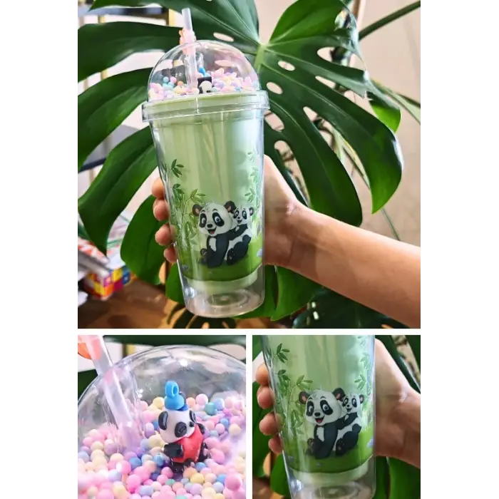 ieg ™ Sevimli Panda Temalı Çift Katman 450ml Suluk Pipetli Mika Matara Yeşil 2770
