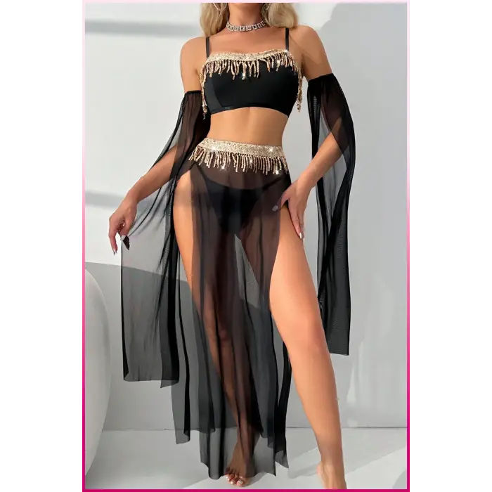 ieg™ Siyah Pul Aksesuarlı Tül Etekli Kadın Seksi Gecelik
